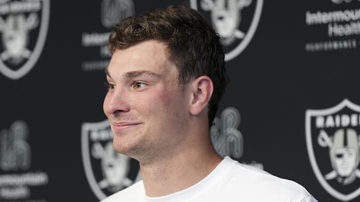 Las Vegas Raiders quarterback Fernando Mendoza speaks during a news conference.