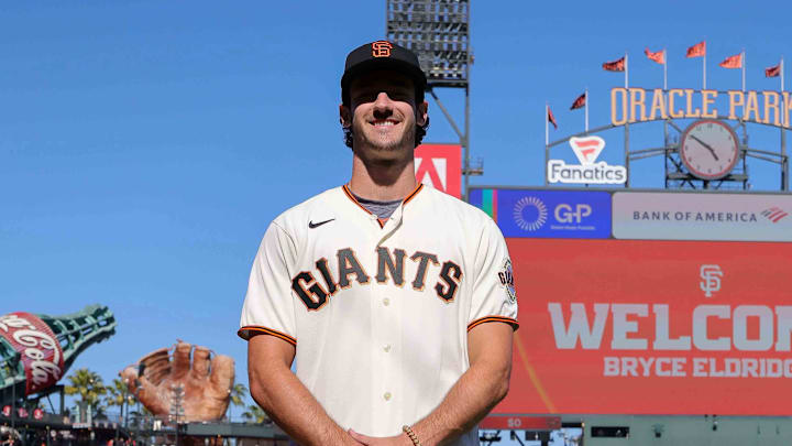 Jul 26, 2023; San Francisco, California, USA; San Francisco Giants 2023 first-round pick Bryce Eldridge before the game against the Oakland Athletics at Oracle Park. Jul 26, 2023; San Francisco, California, USA; San Francisco Giants 2023 first-round pick Bryce Eldridge before the game against the Oakland Athletics at Oracle Park.