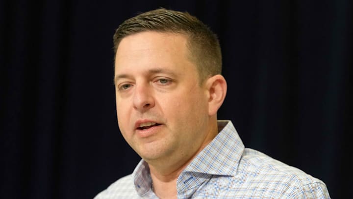 Feb 24, 2026; Indianapolis, IN, USA; New England Patriots general manager Eliot Wolf speaks at the NFL Scouting Combine at the Indiana Convention Center. Mandatory Credit: Kirby Lee-Imagn Images