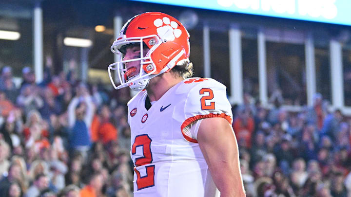 Oct 11, 2025; Chestnut Hill, Massachusetts, USA; Clemson Tigers quarterback Cade Klubnik (2) reacts to his touchdown against the Boston College Eagles during the first half at Alumni Stadium. Mandatory Credit: Eric Canha-Imagn Images Oct 11, 2025; Chestnut Hill, Massachusetts, USA; Clemson Tigers quarterback Cade Klubnik (2) reacts to his touchdown against the Boston College Eagles during the first half at Alumni Stadium. Mandatory Credit: Eric Canha-Imagn Images