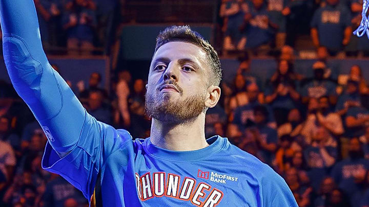 Apr 19, 2026; Oklahoma City, Oklahoma, USA; Oklahoma City Thunder center Isaiah Hartenstein (55) during team introductions before game one of the first round of the 2026 NBA Playoffs at Paycom Center. Mandatory Credit: Alonzo Adams-Imagn Images