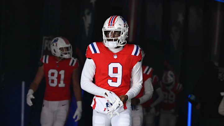Dec 1, 2024; Foxborough, Massachusetts, USA; New England Patriots wide receiver Kayshon Boutte (9) walks out of the player's tunnel before a game against the Indianapolis Colts at Gillette Stadium. Mandatory Credit: Eric Canha-Imagn Images