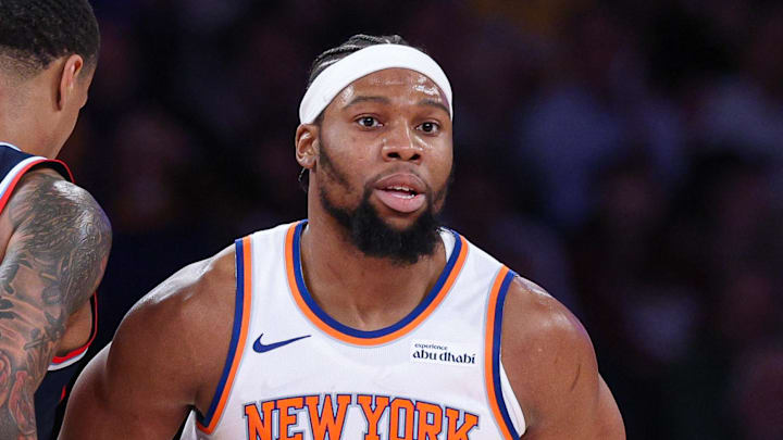 Jan 7, 2026; New York, New York, USA; New York Knicks forward Guerschon Yabusele (28) reacts after making a basket against the LA Clippers during the second half at Madison Square Garden. Mandatory Credit: Vincent Carchietta-Imagn Images