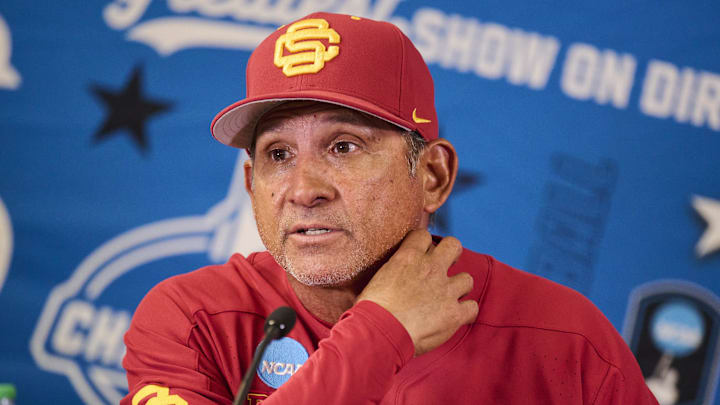 May 31, 2025; Corvallis, OR, USA; USC head coach Andy Stankiewicz takes questions after a game against Saint Mary's at the NCAA Corvallis Regional at Goss Stadium. Mandatory Credit: Troy Wayrynen-Imagn Images