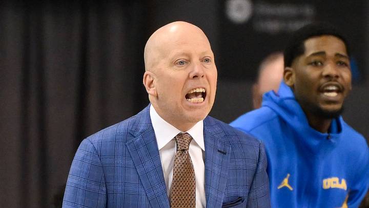 Feb 21, 2026; Los Angeles, California, USA; UCLA head coach Mick Cronin yells at his players during the 1st half against the Illinois Illini at Pauley Pavilion presented by Wescom Financial. Mandatory Credit: Robert Hanashiro-Imagn Images