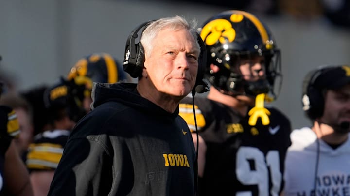 Iowa Hawkeyes head coach Kirk Ferentz watches a replay during a game against the Michigan State Spartans Nov. 22, 2025 at Kinnick Stadium in Iowa City, Iowa.