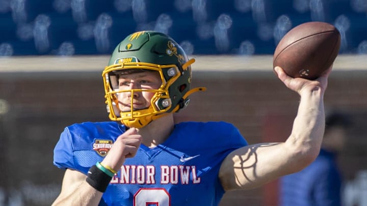 Jan 28, 2026; Mobile, AL, USA; National Team quarterback Cole Payton (9) of North Dakota State passes during National Senior Bowl practice at Hancock Whitney Stadium. Mandatory Credit: Vasha Hunt-Imagn Images