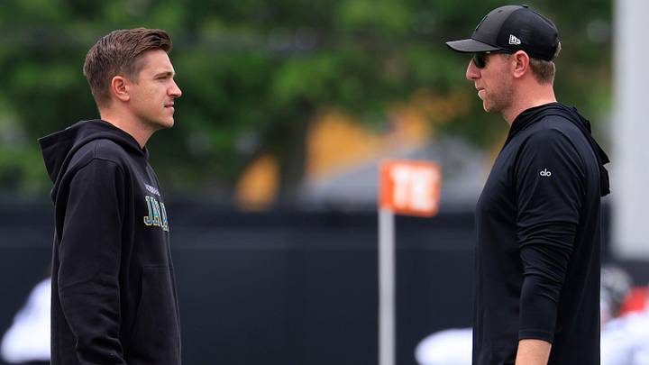 Jacksonville Jaguars general manager James Gladstone, left, and head coach Liam Coen talk during rookie minicamp at the Miller Electric Center, Saturday, May 9, 2026 in Jacksonville, Fla. Today was the second of a three day camp concluding Sunday. Jacksonville Jaguars general manager James Gladstone, left, and head coach Liam Coen talk during rookie minicamp at the Miller Electric Center, Saturday, May 9, 2026 in Jacksonville, Fla. Today was the second of a three day camp concluding Sunday.