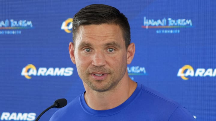 Jun 3, 2025; Woodland Hills, CA, USA; Los Angeles Rams defensive coordinator Chris Shula at press conference during organized team activities at Rams Practice Facility. Mandatory Credit: Kirby Lee-Imagn Images