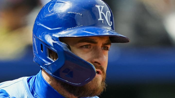 Kansas City Royals center fielder Kyle Isbel (28) bats during the sixth inning