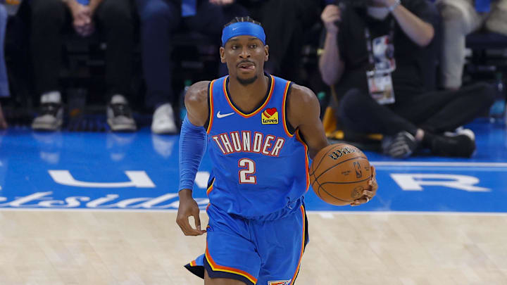 Jun 8, 2025; Oklahoma City, Oklahoma, USA; Oklahoma City Thunder guard Shai Gilgeous-Alexander (2) brings the ball up court against the Indiana Pacers during the first quarter of game two of the 2025 NBA Finals at Paycom Center. Mandatory Credit: Alonzo Adams-Imagn Images