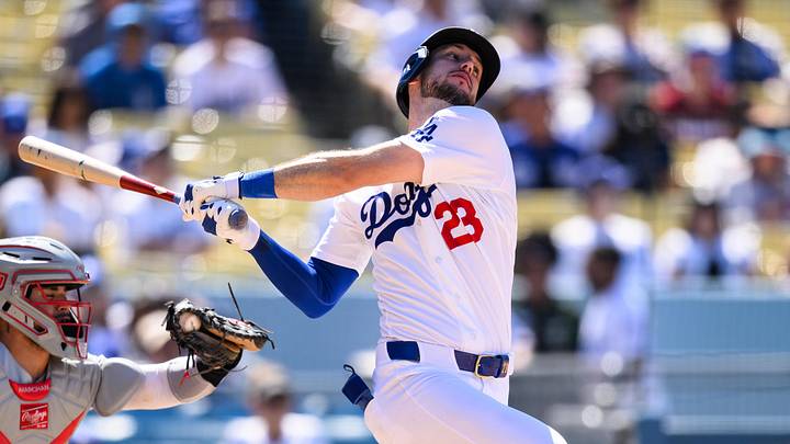 May 31, 2026; Los Angeles, California, USA; Los Angeles Dodgers right fielder Kyle Tucker (23) swings for a strike during the seventh inning against the Philadelphia Phillies at Dodger Stadium. Mandatory Credit: William Liang-Imagn Images