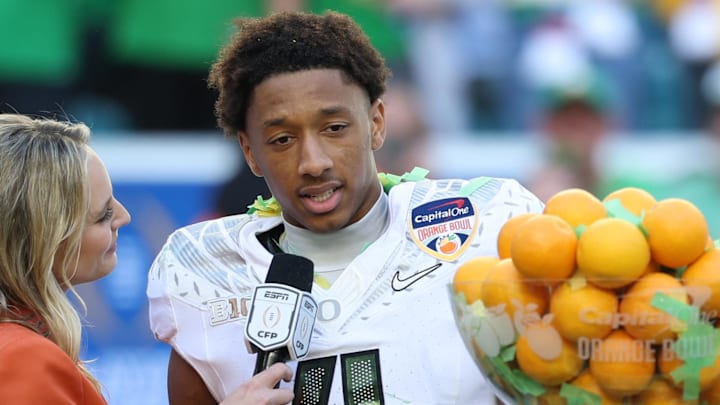 Jan 1, 2026; Miami Gardens, FL, USA; Oregon Ducks defensive back Brandon Finney (4) is interviewed by. ESPN’s Katie George following the 2025 Orange Bowl and quarterfinal game of the College Football Playoff against the Texas Tech Red Raiders at Hard Rock Stadium. Mandatory Credit: Nathan Ray Seebeck-Imagn Images Jan 1, 2026; Miami Gardens, FL, USA; Oregon Ducks defensive back Brandon Finney (4) is interviewed by. ESPN’s Katie George following the 2025 Orange Bowl and quarterfinal game of the College Football Playoff against the Texas Tech Red Raiders at Hard Rock Stadium. Mandatory Credit: Nathan Ray Seebeck-Imagn Images