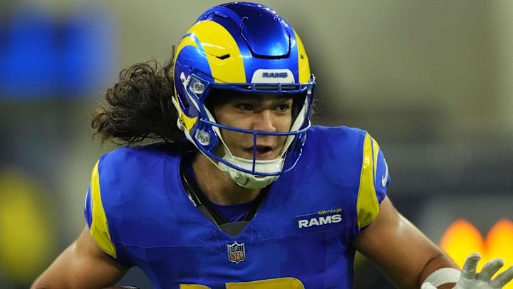 Nov 11, 2024; Inglewood, California, USA; Los Angeles Rams wide receiver Puka Nacua (17) carries the ball against the Miami Dolphins at SoFi Stadium. Mandatory Credit: Kirby Lee-Imagn Images