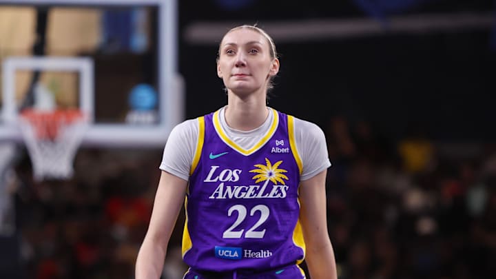 Sep 3, 2025; College Park, Georgia, USA; Los Angeles Sparks forward Cameron Brink (22) in action against the Atlanta Dream in the second quarter at Gateway Center Arena at College Park. Mandatory Credit: Brett Davis-Imagn Images