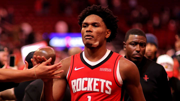 Dec 3, 2025; Houston, Texas, USA; Houston Rockets guard Amen Thompson (1) leaves the court following the game against the Sacramento Kings at Toyota Center. Dec 3, 2025; Houston, Texas, USA; Houston Rockets guard Amen Thompson (1) leaves the court following the game against the Sacramento Kings at Toyota Center.