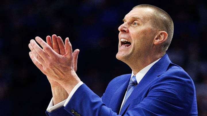 Jan 24, 2026; Lexington, Kentucky, USA; Kentucky Wildcats head coach Mark Pope claps after a possession during the second half against the Mississippi Rebels at Rupp Arena at Central Bank Center. Mandatory Credit: Jordan Prather-Imagn Images