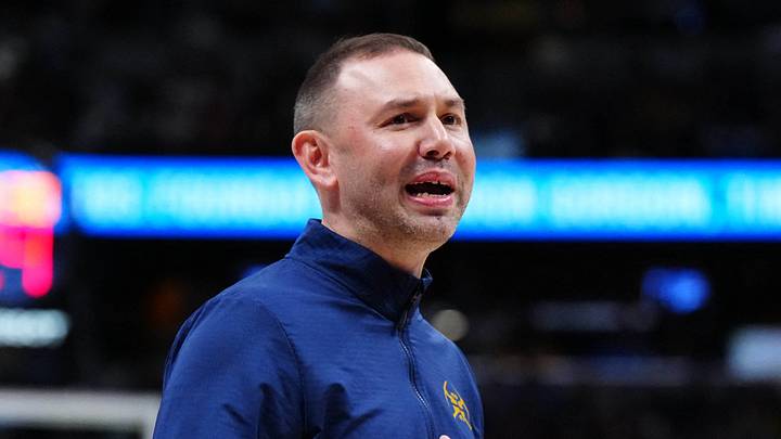 Apr 20, 2026; Denver, Colorado, USA; Denver Nuggets head coach David Adelman reacts to a foul in the first half against the Minnesota Timberwolves during game two of the first round of the 2026 NBA Playoffs at Ball Arena. Mandatory Credit: Ron Chenoy-Imagn Images