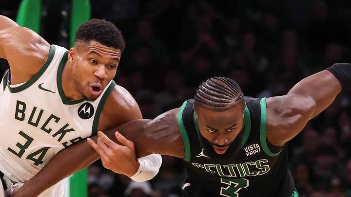 Nov 22, 2023; Boston, Massachusetts, USA; Milwaukee Bucks forward Giannis Antetokounmpo (34) and Boston Celtics forward Jaylen Brown (7) fight for the ball during the second half at TD Garden. Mandatory Credit: Paul Rutherford-Imagn Images Nov 22, 2023; Boston, Massachusetts, USA; Milwaukee Bucks forward Giannis Antetokounmpo (34) and Boston Celtics forward Jaylen Brown (7) fight for the ball during the second half at TD Garden. Mandatory Credit: Paul Rutherford-Imagn Images