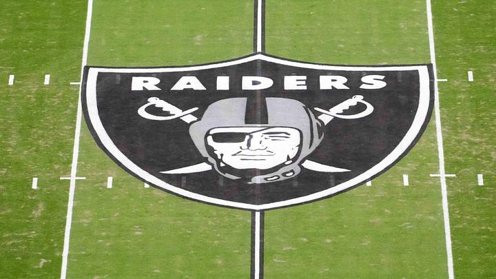 Jan 4, 2026; Paradise, Nevada, USA; The Las Vegas Raiders shield logo at midfield at Allegiant Stadium. Mandatory Credit: Kirby Lee-Imagn Images