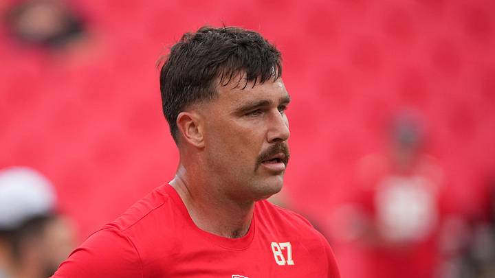 Aug 22, 2024; Kansas City, Missouri, USA; Kansas City Chiefs tight end Travis Kelce (87) warms up against the Chicago Bears prior to a game at GEHA Field at Arrowhead Stadium. Mandatory Credit: Denny Medley-Imagn Images
