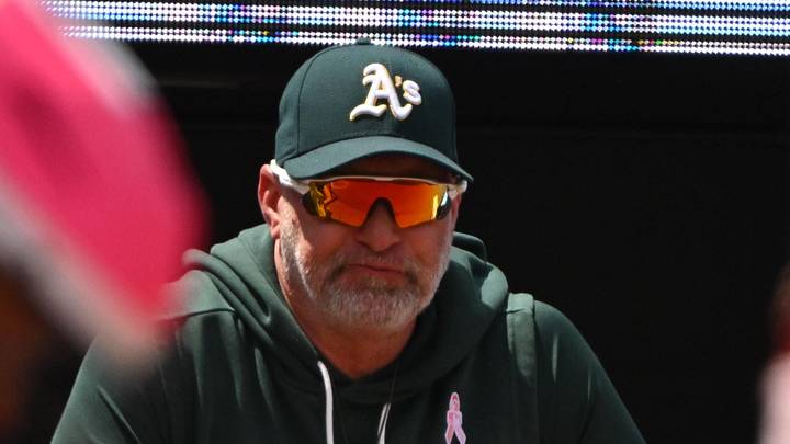 May 10, 2026; Baltimore, Maryland, USA; Athletics manager Mark Kotsay locks out from the dugout against the Baltimore Orioles during the second inning at Oriole Park at Camden Yards. Mandatory Credit: Rafael Suanes-Imagn Images
