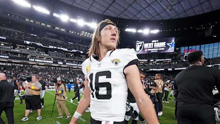 Nov 2, 2025; Paradise, Nevada, USA; Jacksonville Jaguars quarterback Trevor Lawrence (16) looks on after the win against the Las Vegas Raiders at Allegiant Stadium. Mandatory Credit: Kirby Lee-Imagn Images