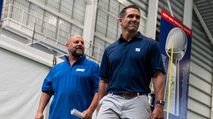 New York Giants Head Coach Brian Daboll, left, walks with general manager Joe Schoen.