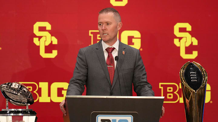 Jul 24, 2025; Las Vegas, NV, USA; USC head coach Lincoln Riley speaks to the media during the Big Ten NCAA college football media days at Mandalay Bay Resort. Mandatory Credit: Lucas Peltier-Imagn Images