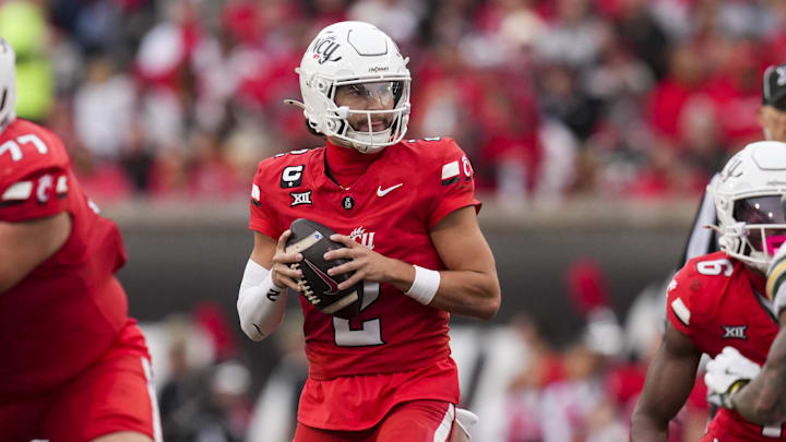 Oct 25, 2025; Cincinnati, Ohio, USA;  Cincinnati Bearcats quarterback Brendan Sorsby (2) drops back to pass against the Baylor Bears in the first half at Nippert Stadium. Mandatory Credit: Aaron Doster-Imagn Images