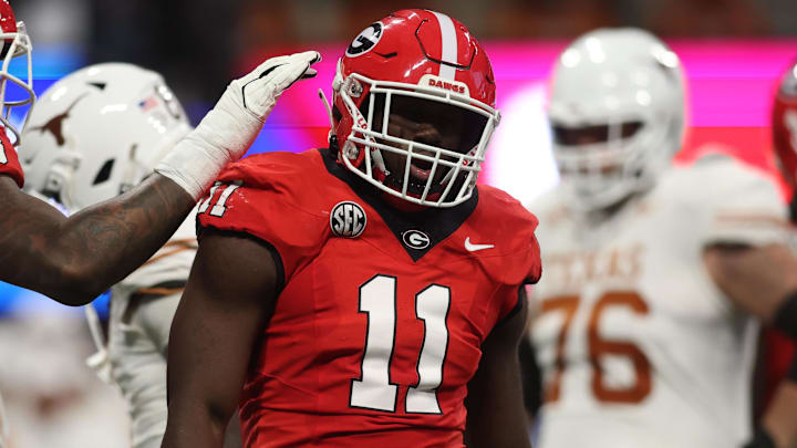 Dec 7, 2024; Atlanta, GA, USA; Georgia Bulldogs linebacker Jalon Walker (11) reacts against the Texas Longhorns during the first half in the 2024 SEC Championship game at Mercedes-Benz Stadium. Mandatory Credit: Brett Davis-Imagn Images