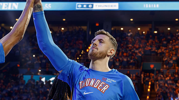 Apr 19, 2026; Oklahoma City, Oklahoma, USA; Oklahoma City Thunder center Isaiah Hartenstein (55) during team introductions before game one of the first round of the 2026 NBA Playoffs at Paycom Center. Mandatory Credit: Alonzo Adams-Imagn Images