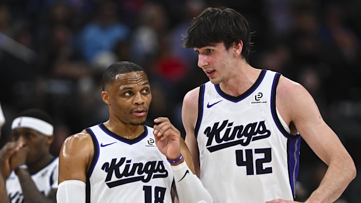 Mar 14, 2026; Inglewood, California, USA; Sacramento Kings center Maxime Raynaud (42) talks to guard Russell Westbrook (18) against the LA Clippers during the first quarter at Intuit Dome. Mar 14, 2026; Inglewood, California, USA; Sacramento Kings center Maxime Raynaud (42) talks to guard Russell Westbrook (18) against the LA Clippers during the first quarter at Intuit Dome.