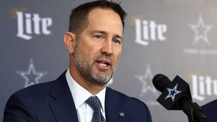 Dallas Cowboys Head Coach Brian Schottenheimer speaks to the media at a press conference at the Star. 