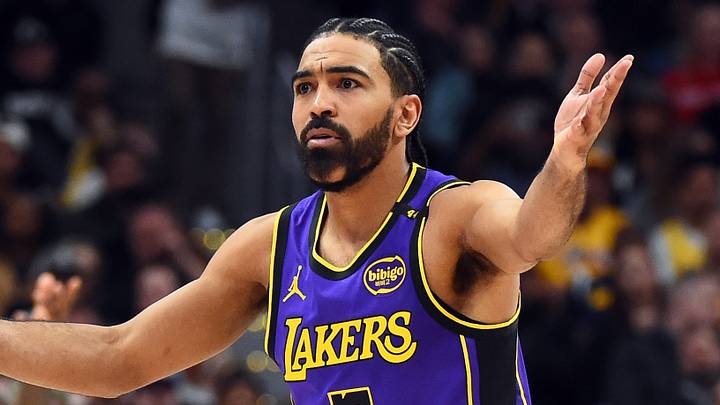 Feb 22, 2025; Denver, Colorado, USA; Los Angeles Lakers guard Gabe Vincent (7) and forward LeBron James (23) react after a foul call during the second half against the Denver Nuggets at Ball Arena. Mandatory Credit: Christopher Hanewinckel-Imagn Images