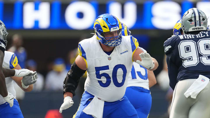 Aug 9, 2025; Inglewood, California, USA; Los Angeles Rams center Beaux Limmer (50) in the first half against the Dallas Cowboys at SoFi Stadium. Mandatory Credit: Kirby Lee-Imagn Images Aug 9, 2025; Inglewood, California, USA; Los Angeles Rams center Beaux Limmer (50) in the first half against the Dallas Cowboys at SoFi Stadium. Mandatory Credit: Kirby Lee-Imagn Images