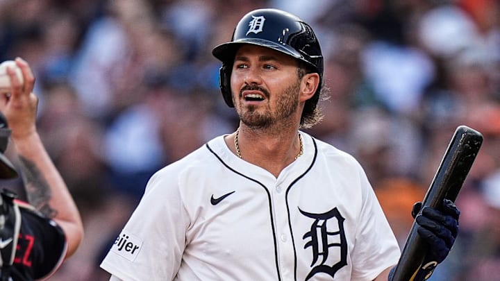 Detroit Tigers second base Zach McKinstry (39) reacts after striking out against Minnesota Twins during the second inning at Comerica Park in Detroit in Tuesday, August 5, 2025.