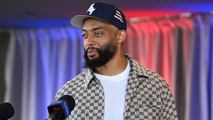 Mar 13, 2025; Foxborough, MA, USA; New England Patriots cornerback Carlton Davis III discusses his recent free agent addition to the Patriots with the media at Gillette Stadium. Mandatory Credit: Eric Canha-Imagn Images
