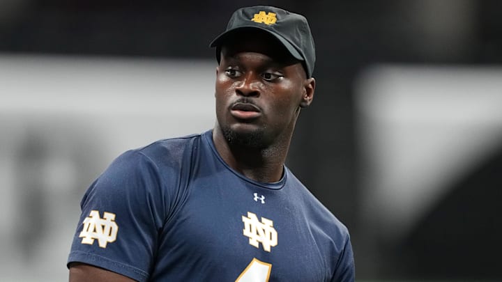 Jan 18, 2025; Atlanta, GA, USA;  Notre Dame Fighting Irish running back Jeremiyah Love (4) during practice at Mercedes-Benz Stadium. 
