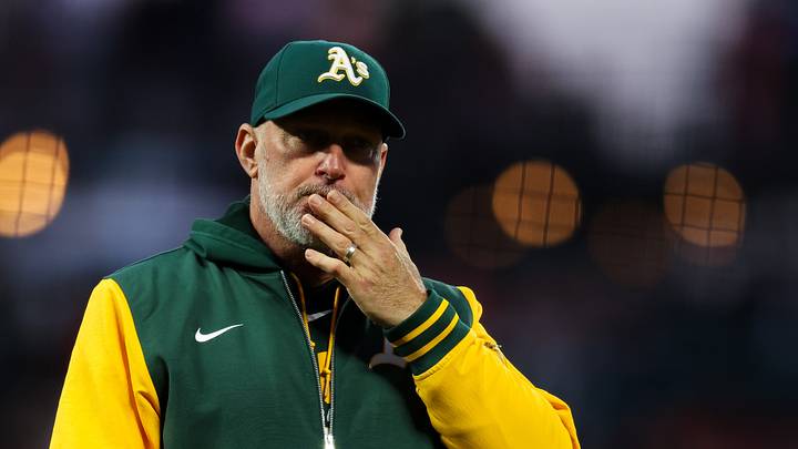 Jun 23, 2026; San Francisco, California, USA; Athletics manager Mark Kotsay (7) walks back o the dugout after a pitching change during the sixth inning against the San Francisco Giants at Oracle Park. Mandatory Credit: Sergio Estrada-Imagn Images