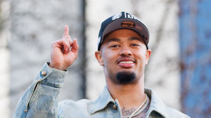 Seattle Seahawks wide receiver Jaxon Smith-Njigba reacts during the Super Bowl LX parade