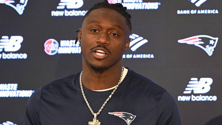 Jun 2, 2026; Foxborough, MA, USA; New England Patriots wide receiver A.J. Brown (1) speaks at a press conference after  practice at the team's OTA at Gillette Stadium. Mandatory Credit: Eric Canha-Imagn Images