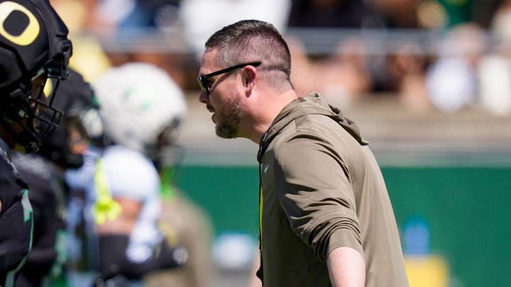 Oregon head coach Dan Lanning warms players up during the Oregon Ducks annual spring game on April 25, 2026 at Autzen Stadium in Eugene, Oregon. Oregon head coach Dan Lanning warms players up during the Oregon Ducks annual spring game on April 25, 2026 at Autzen Stadium in Eugene, Oregon.