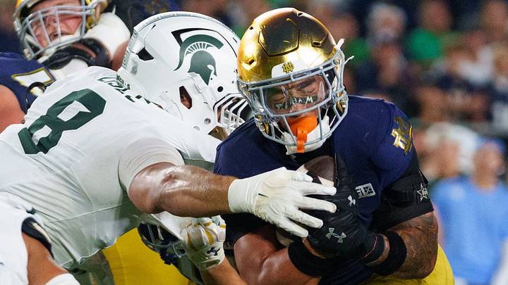 Notre Dame running back Nolan James Jr., right, runs the ball into the end zone for a touchdown during a NCAA football game against Michigan State at Notre Dame Stadium on Saturday, Sept. 19, 2026, in South Bend. Notre Dame running back Nolan James Jr., right, runs the ball into the end zone for a touchdown during a NCAA football game against Michigan State at Notre Dame Stadium on Saturday, Sept. 19, 2026, in South Bend.