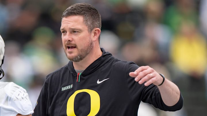 Oregon coach Dan Lanning greets Fighting Ducks running back Jayden Limar before the game as the Fighting Ducks face off against Mighty Oregon in the Oregon Ducks spring game on April 26, 2025, at Autzen Stadium in Eugene.