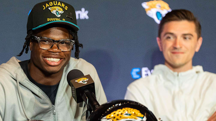 The Jacksonville Jaguars’ first-round pick, Colorado Buffaloes wide receiver and defensive back Travis Hunter, left, answers questions during a press conference Friday, March 25, 2025 at Miller Electric Center in Jacksonville, Fla. The Jacksonville Jaguars’ first-round pick, Colorado Buffaloes wide receiver and defensive back Travis Hunter, left, answers questions during a press conference Friday, March 25, 2025 at Miller Electric Center in Jacksonville, Fla.