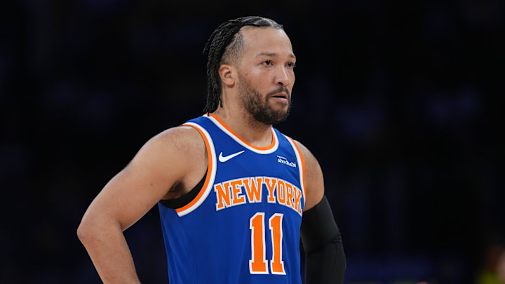Mar 8, 2026; Los Angeles, California, USA; New York Knicks guard Jalen Brunson (11) watches in the first half against the Los Angeles Lakers at Crypto.com Arena. Mandatory Credit: Kirby Lee-Imagn Images