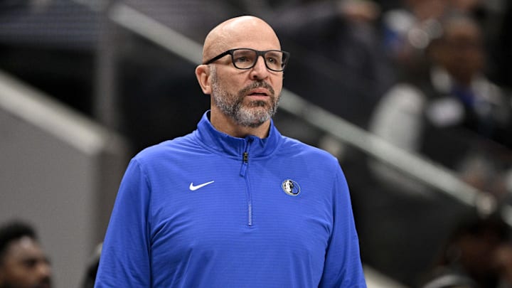 Jan 12, 2025; Dallas, Texas, USA; Dallas Mavericks head coach Jason Kidd looks on during the first quarter at against the Denver Nuggets the American Airlines Center. Mandatory Credit: Jerome Miron-Imagn Images Jan 12, 2025; Dallas, Texas, USA; Dallas Mavericks head coach Jason Kidd looks on during the first quarter at against the Denver Nuggets the American Airlines Center. Mandatory Credit: Jerome Miron-Imagn Images
