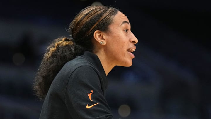 Sep 10, 2024; Los Angeles, California, USA; LA Sparks coach Nola Henry reacts in the second half against the Connecticut Sun at the Crypto.com Arena. Mandatory Credit: Kirby Lee-Imagn Images