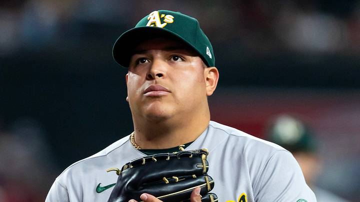 Jul 21, 2026; Phoenix, Arizona, USA; Athletics pitcher Jose Suarez against the Arizona Diamondbacks at Chase Field. Mandatory Credit: Mark J. Rebilas-Imagn Images